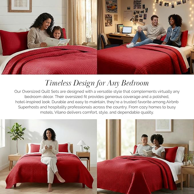 Southshore Fine Living, Inc. Red Quilt King Size Set with 2 Pillow Shams, Soft Microfiber Bedspread, Stain & Pet Hair Resistant Bedding, Cal/King Quilt Set with 2 Pillow Shams, Chili Pepper Red