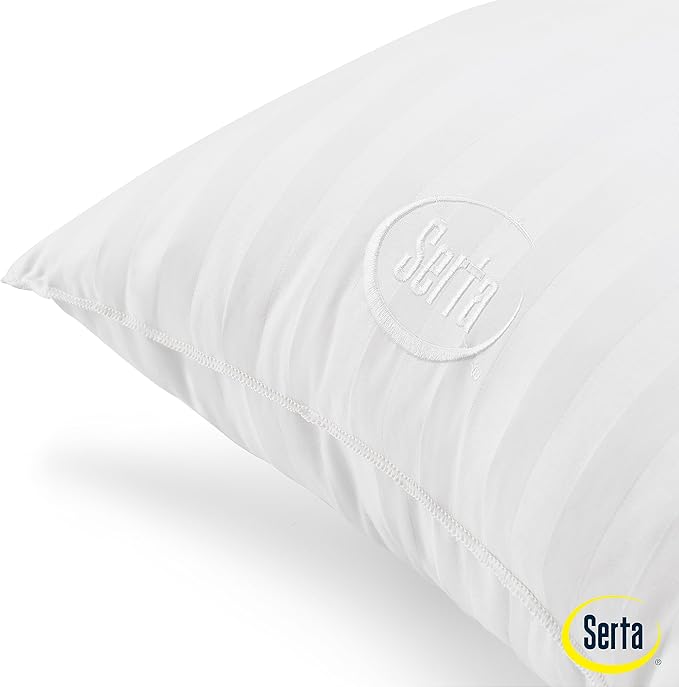 Serta Won't Go Flat Standard/Queen Size Set of 2 Down Alternative Bed Pillows, Extra Life Foam Core with Medium Support, Perfect for Back, Stomach or Side Sleepers, White