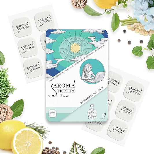 AROMA STICKERS® Original Blend Focus - 100% Natural Essential Oil Scented Stickers for Personal Space - Towels, Blankets, Face Mask & Pillow (Pack of 1, 12 Stickers)