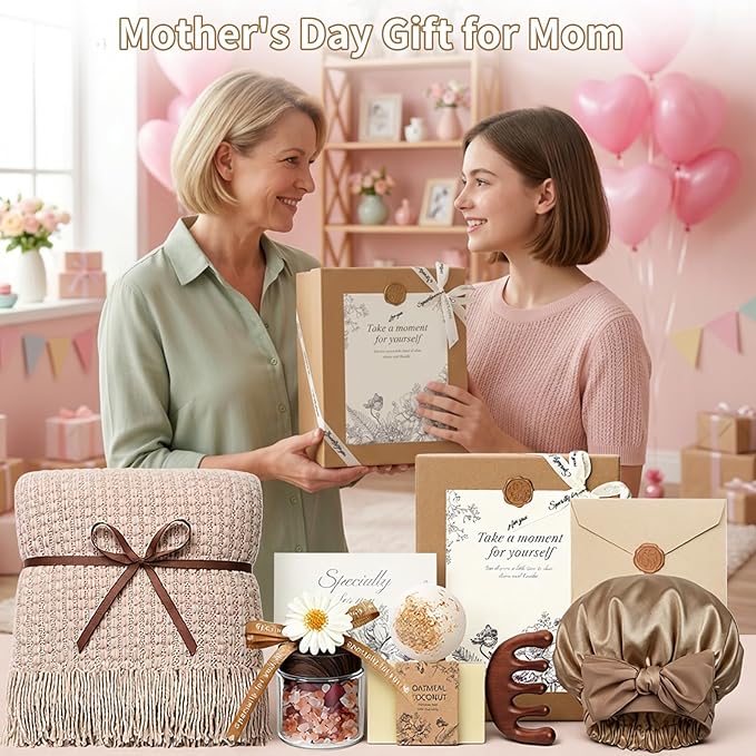 Self Care Gifts Baskets for Women, Relaxing Spa Care Package for Women, Mother's Day Birthday Gift Get Well Soon Gifts Baskets Thinking of You Gift, Spa Gift Basket with Bonnet & Massgae Comb, Brown