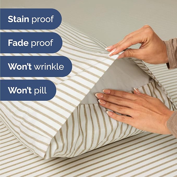 Cal King 6 Piece Sheet Set - Comfy, Breathable & Cooling - Soft Hotel Luxury Bedding for Women, Men, Kids, Teens & Children - 1 Flat & 1 Fitted Sheet & 4 Pillowcases w/ Deep Pockets - Beige Stripes 2