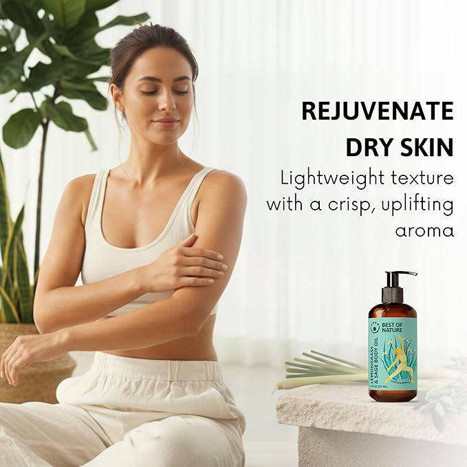 Best of Nature Lemongrass & Sage Aromatherapy Massage Oil – Non-Greasy Body Oil for Skin, Face & Massage – Uplifting Essential Oil Blend – 8 fl oz