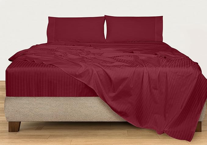 ROYALE LINENS 300 Thread Count 100% Long Staple Combed Cotton Printed Sheet Set - 3 Piece Twin Bed Sheets - 1 Fitted, 1 Flat & Pillow case -Soft Cool & Crisp Sheet Set (Twin, Stripe Burgundy)
