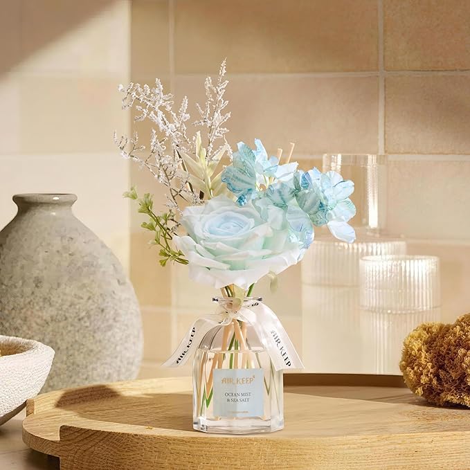 Airkeep Flower Reed Diffuser Set, Ocean Mist&Sea Salt Diffuser Gift Set,4.06 fl oz Essential Oil Sticks Diffusers for Bathroom Air Freshener, Aromatherapy Home Fragrance Shelf Decor, Gift for Women