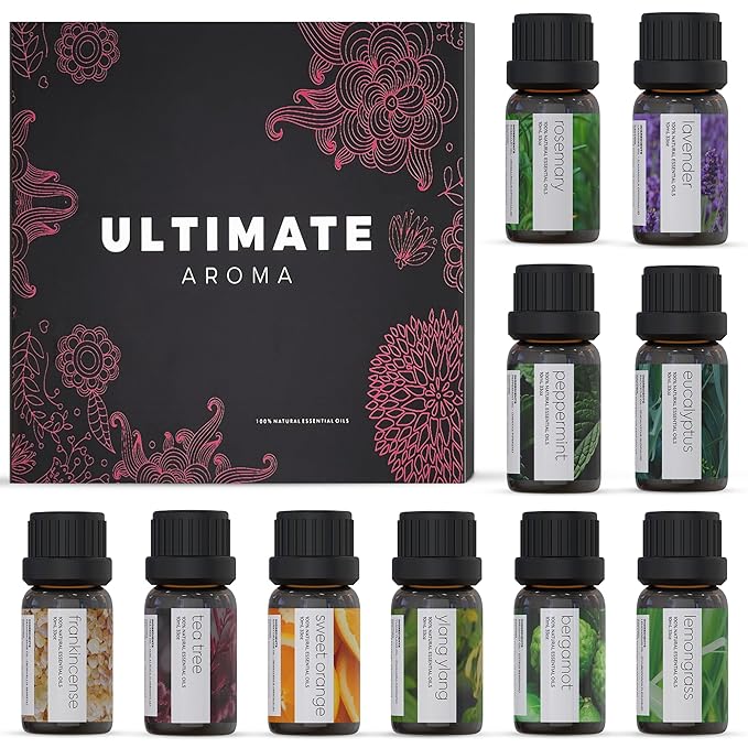 Essential Oils by Ultimate Aroma Top 10 Aromatherapy Oils Gift Set - Lavender/Tea Tree/Eucalyptus/Peppermint/Lemongrass/Sweet Orange/Bergamot/Frankincense/Rosemary/Ylang Ylang (10ml).