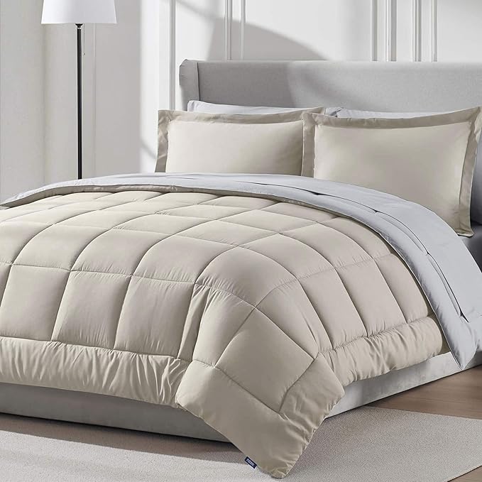 Nestl 9 Piece Full Comforter Set – Beige Reversible Bed in a Bag – Complete Full Size Bedding Set with Sheets, Set of 2 Cooling Pillows, Pillowcases and Shams