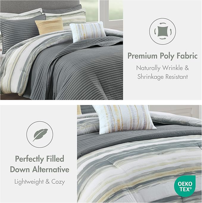 Madison Park Marina Comforter Quilt Combo Set - Modern Luxury Design, All Season Down Alternative Bedding, Matching Shams, Decorative Pillows, King/Cal King(104"x92"), Yellow 8 Piece
