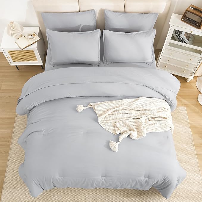 Litanika California King Comforter Set Light Grey - 7 Pieces Bed in a Bag Cal King Bedding Comforter Sets, Plain Lightweight Bed Set with Comforter, Sheets, Pillowcases & Shams