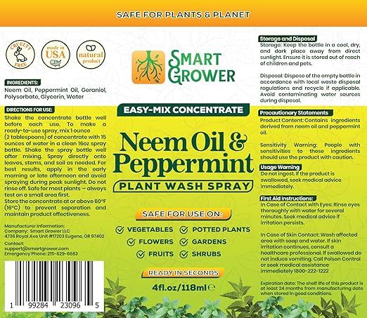 Neem Oil Spray for Plants with Peppermint Oil – for Indoor Household Plants– Best Value Refill 4 oz Concentrate Makes 1/2 Gallon RTU