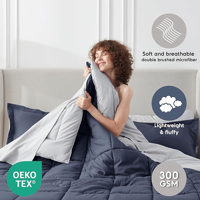 Nestl 9 Piece King Comforter Set – Navy Reversible Bed in a Bag – Complete King Size Bedding Set with Sheets, Set of 2 Down Alternative Pillows, Pillowcases and Shams