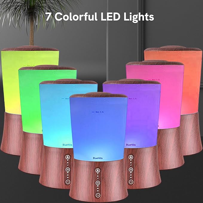 BlueHills Large 2000 ML XL Essential Oil Diffuser Aroma Humidifier 2 Liter Capacity for Big Living Room Home Baby Long Run XL Huge Coverage Area High Mist Timer Large Diffuser Dark Wood Grain 2L S3