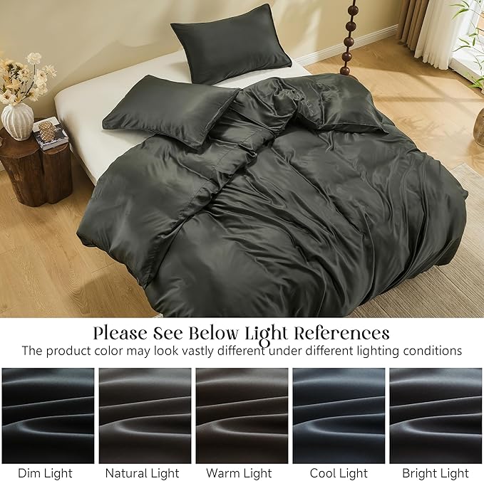 Simple&Opulence Cooling Duvet Cover Set Queen Size, 3 Pcs 100% Viscose Derived from Bamboo Hotel Luxury Silky Bedding Set, Breathable Soft Comforter Cover for Hot Sleeper with 2 Pillowcases(Dark grey)