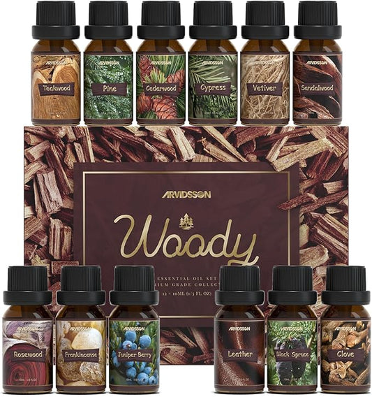 ARVIDSSON Woody Essential Oils Set, Wood Fragrance Oils Gift Set, 12 x 10ml Woodsy Essential Oil for Diffuser - Cedarwood, Sandalwood, Pine, Cypress, Frankincense, Juniper Berry, Clove and More