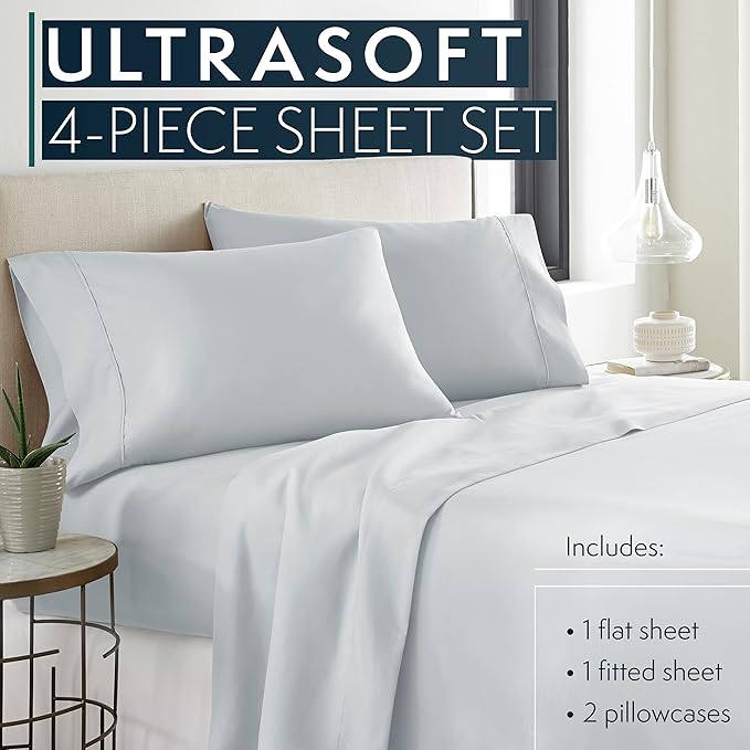 HC COLLECTION Bed Sheets Set Queen with 2 Pillowcases, Hotel Luxury Platinum 1800 Series Brushed Microfiber Deep Pocket Fitted Sheet, Fade Resistant Ultra Soft 4 Pcs Bedding for Hot Sleepers, Ice Blue