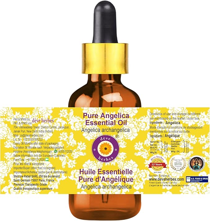 Deve Herbes Pure Angelica Essential Oil (Angelica archangelica) with Glass Dropper Natural Therapeutic Grade Steam Distilled 30ml (1 oz)