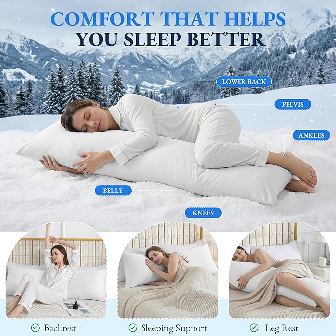ELNIDO QUEEN Cooling Body Pillow Insert with Cover – Breathable Long Body Pillow for Side Sleepers, Soft Support Bed Pillow for Adults, 20x54 Inches White