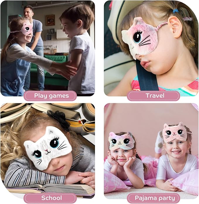 Geyoga 3 Pcs Sleep Mask for Kids, Girls Plush Sleeping Eye Cover Soft Eye Blindfold Cover Animal Shade for Kids(Colorful,Cat Style)