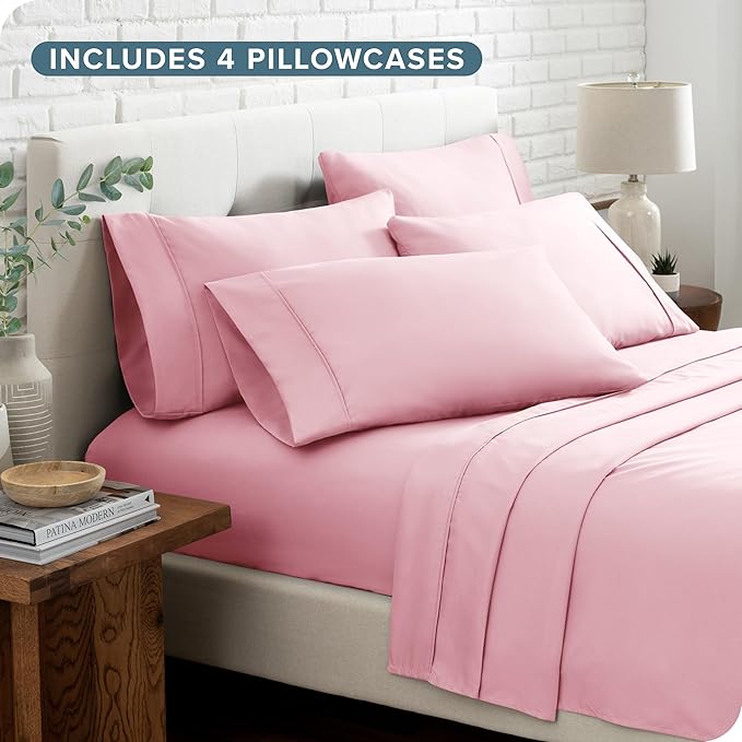 Bare Home Hotel Luxury Full XL Sheet Set, Extra Soft - 6 Piece Set - Deep Pockets - Easy Fit - Cooling & Breathable - Wrinkle, Fade, Stain Resistant - Includes 4 Pillowcases (Full XL, Light Pink)