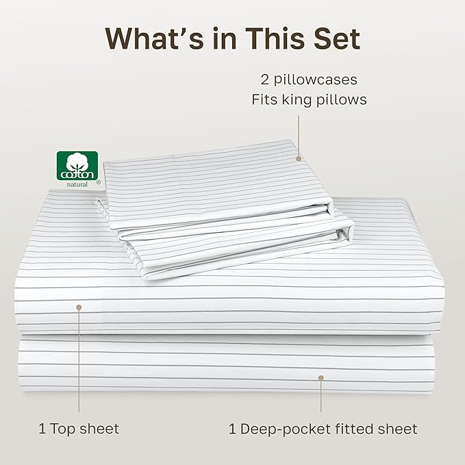 California Design Den Soft Cotton Cal King Size Bed Sheets Set, 400 TC Good Housekeeping Award Winner, Smooth Sateen Finish with Deep Pockets, Cozy and Durable Cal King Bedding Set - Pinstripe