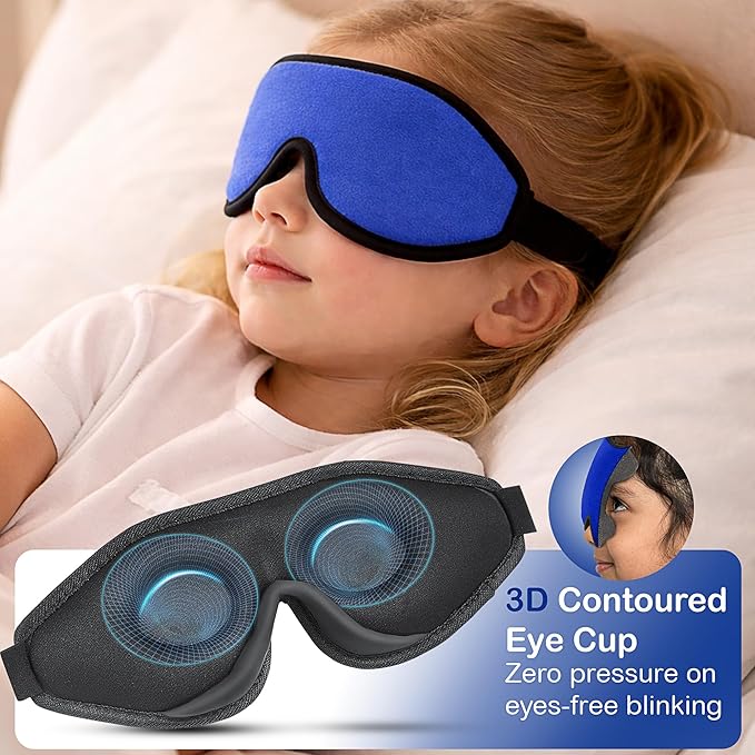 3D Sleep Mask for Kids, Light Block Sleeping Blindfold Memory Foam Contoured Eye Mask for Sleep, Adjustable Strap Eye Cover and Travel Sleep Mask for Boys Girls, Dark Blue
