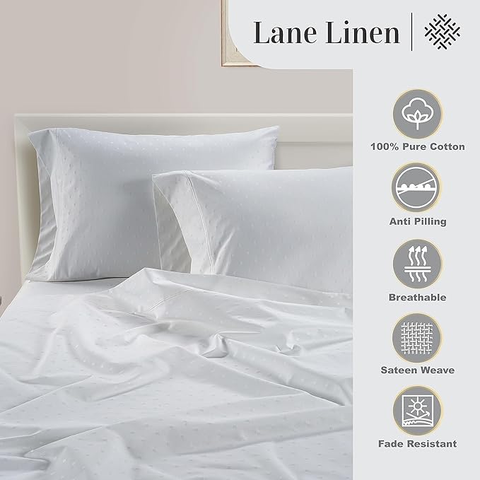 LANE LINEN Pillows Queen Size Set of 2, Soft 100% Egyptian Cotton, Cool & Smooth Pillow Cases - Swiss Dot - White