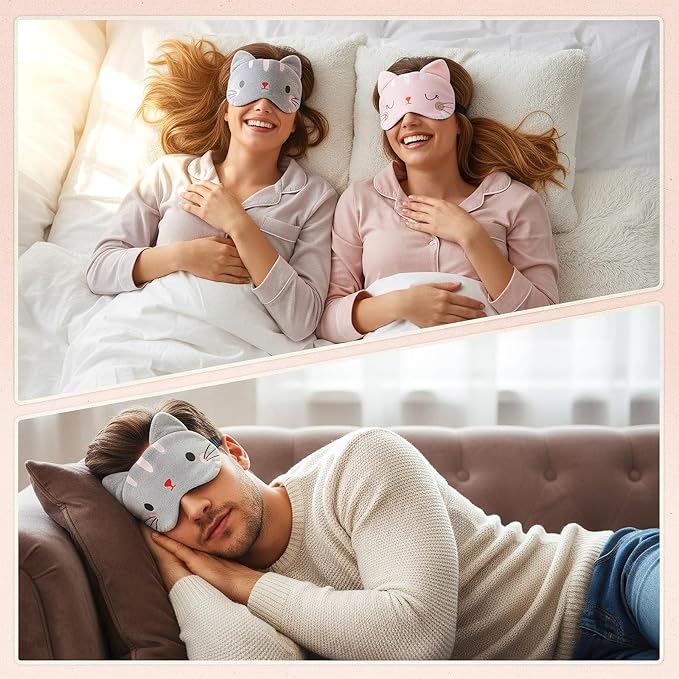 2PCS Sleep Mask for Kids Cute Kids Sleep Mask Cartoon Cat Sleeping Mask for Kid Women Men Kitty Cat Slumber Party Favors