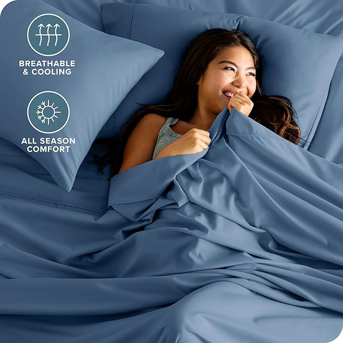 Bare Home Hotel Luxury Sheet Set, Extra Soft - 6 Piece Set - Deep Pockets - Easy Fit - Cooling & Breathable - Wrinkle, Fade, Stain Resistant - Includes 4 Pillowcases (Short Queen, Coronet Blue)