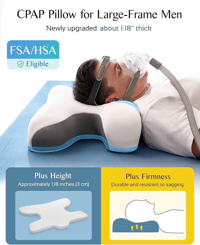 CPAP Pillow for Larger-Framed Men, Ergonomic Memory Foam Bed Pillow to Reduce Air Leaks, Facial Pressure, Height Adjustable for Side Back Stomach Sleepers, 23.6"x15.74"x5.11"/5.9"