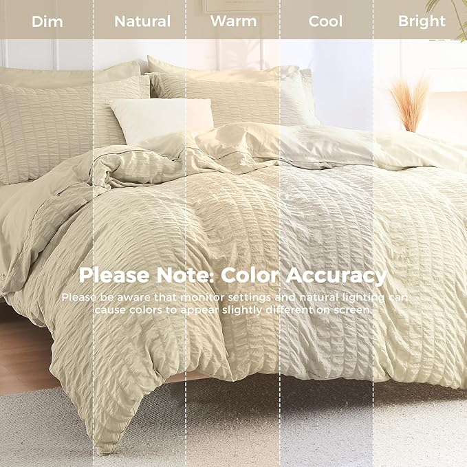 HYMOKEGE Oatmeal King Size Comforter Set Seersucker 7 Pieces, All Season Luxury Bed in a Bag for Bedroom, Bedding Set with Comforter, Sheets, Pillowcases & Shams