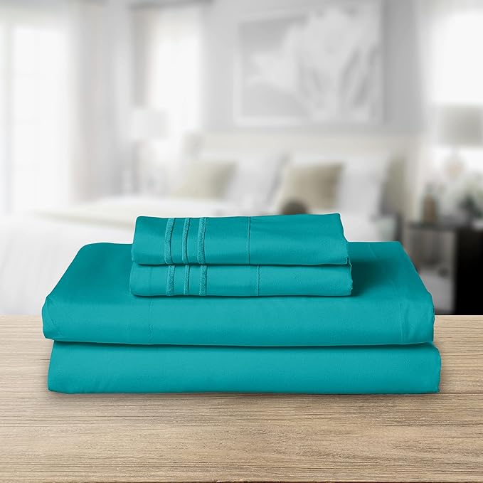 Elegant Comfort Luxurious 1500 Premium Hotel Quality Microfiber Three Line Embroidered Softest 4-Piece Bed Sheet Set, Wrinkle and Fade Resistant, Twin/Twin XL, Turquoise