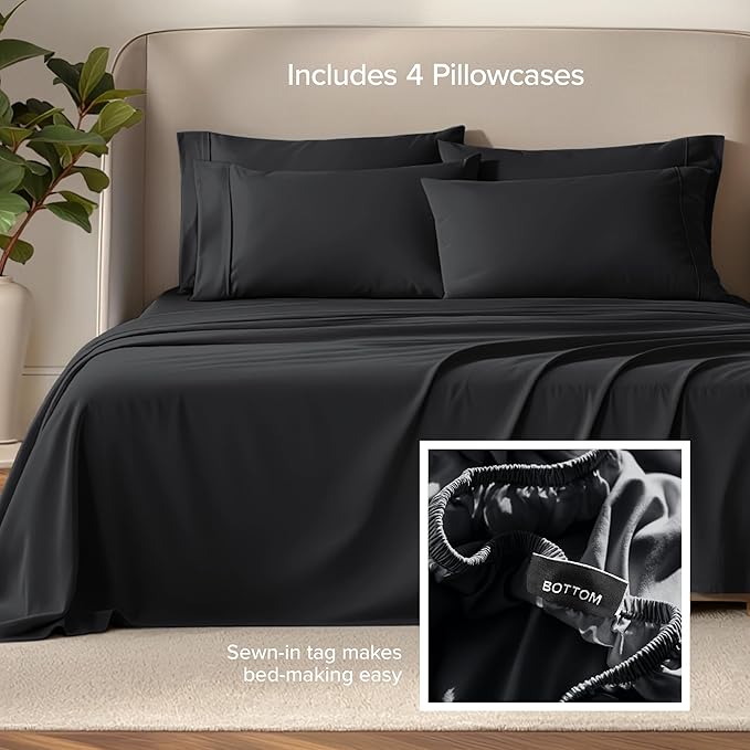 Bare Home Hotel Luxury Full Sheet Set, Extra Soft - 6 Piece Set - Deep Pockets - Easy Fit - Cooling & Breathable - Wrinkle, Fade, Stain Resistant - Includes 4 Pillowcases (Full, Black)