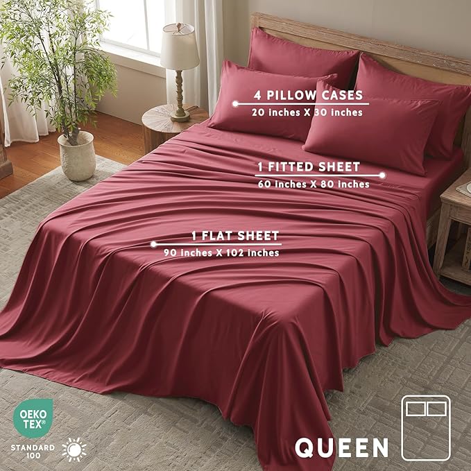 Queen Sheet Set - 6 Piece Sheets Queen Size Bed Set - Breathable & Cooling Hotel Luxury Bedding Set - Soft & Comfy Fully Elasticized 16" Deep Pocket Queen Sheets (Queen Burgundy)