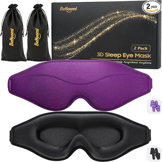 BeHoomi Sleep Mask, 2 Packs Premium Eye Mask for Sleeping, Total Blackout, Superior Soft Comfort, Upgraded 3D Ergonomic Designed Sleeping Mask for Home, Office, Travel, Meditation, Black & Purple