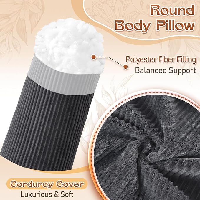 1 MIDDLE ONE Body Pillow for Adults, Long Bolster Pillow for Bed, Decorative Round Roll Hug Pillow with Corduroy Cover (Off-White, 47x7.87 inch)