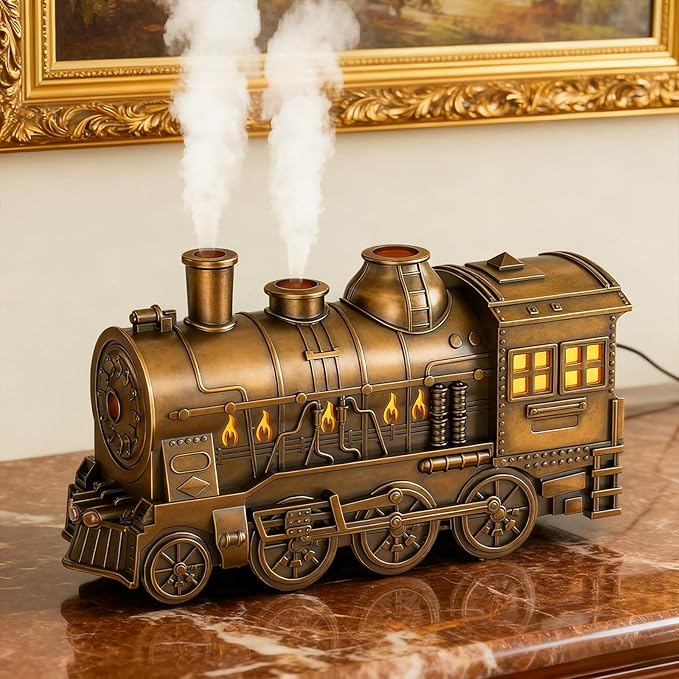 300ML Train Diffusers for Essential Oils Steam Train Humidifier & Aroma Diffuser with Night Light, Dual Mist & Timing Function Desktop Humidifier Air Diffuser for Bedroom (Gold)
