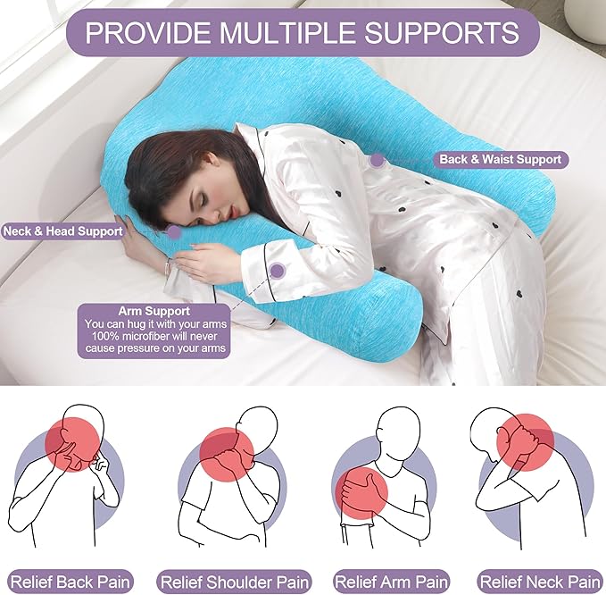 HOMBYS Cooling U Shaped Pillow for Neck, Contour Shoulder Pillow for Side Sleepers, Ergonomic Body Pillows for Adults, Hug Pillow with Washable Cover for Back, Shoulder Pressure Reduce (Light Blue)