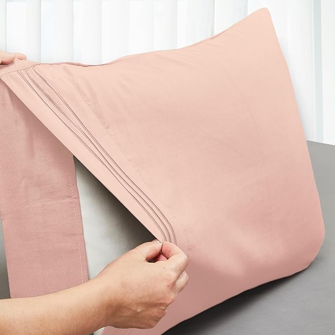 Mocassi 2-Piece Premium Standard/Queen Pillowcase Set 1800 Series Hotel Quality Microfiber - Soft and Breathable with 3-Line Embroidery Wrinkle and Stain Resistant, Easy Care, 20" x 30", Blush Pink