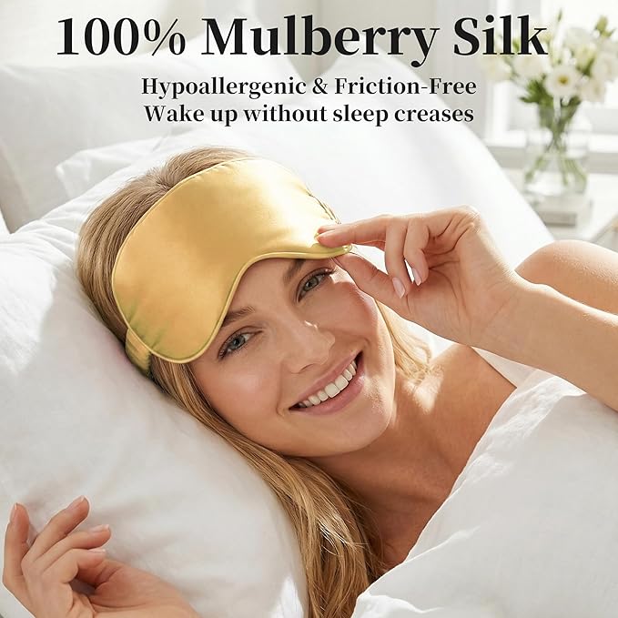 ZLYC 100% Mulberry Silk Sleep Mask Pressure-Free Eye Cover Soft Light Blocking Blindfold for Travel & Nap, Solid Champagne