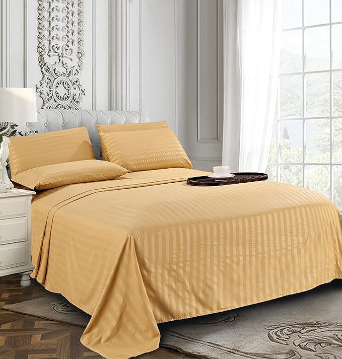 Elegant Comfort Softest and Coziest 4-Piece Sheet Set - 1500 Premium Hotel Quality Microfiber - Luxurious Wrinkle Resistant 4-Piece Damask Stripe Bed Sheet Set, Twin XL, Camel/Gold