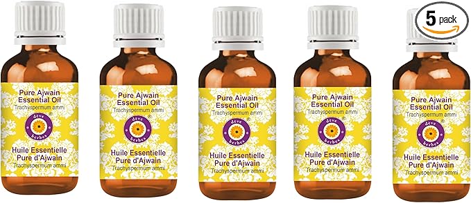 Deve Herbes Pure Ajwain Essential Oil (Trachyspermum ammi) Steam Distilled (Pack of Five) 100ml X 5 (16.9 oz)