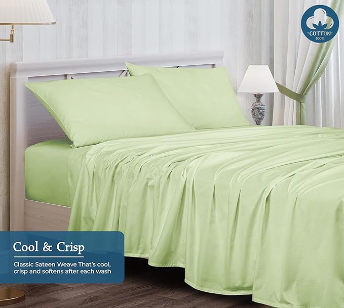 ROYALE LINENS 400 Thread Count 100% American Grown Cotton 4 Piece Sateen King Sheet Set - 1 Fitted Sheet, 1 Flat Sheet, 2 Pillow case - Green King Bedsheet - Cotton Sheets - (King, Florentine Sage)