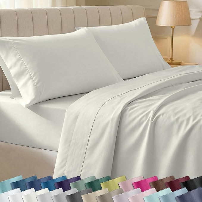 CALIFORNIA DESIGN DEN Soft 100% Cotton Split King Sheet Set, 400 Thread Count Good Housekeeping Award Winner, Silky Sateen Weave with Deep Pockets, Long Staple Cotton Bed Sheet Set - Ivory (Pale Tone)