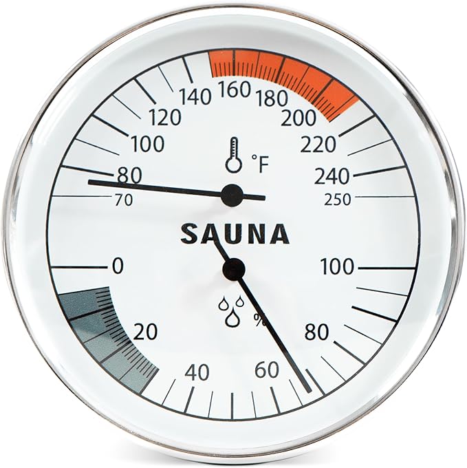 Sauna Thermometer and Hygrometer, Mechanical Humidity and Temperature Gauge, Aluminum Frame Wall Mounted for All Saunas, Sauna Accessories, Range 70–250°F (20–120 °C), 0–100% RH