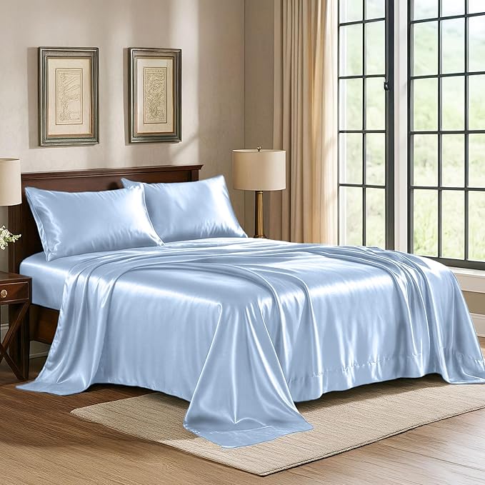 Satin Sheets Full [4-Piece, Baby Blue] Hotel Luxury Silky Bed Sheets - Extra Soft 1800 Microfiber Sheet Set, Wrinkle, Fade, Stain Resistant - Deep Pocket Fitted Sheet, Flat Sheet, Pillow Cases
