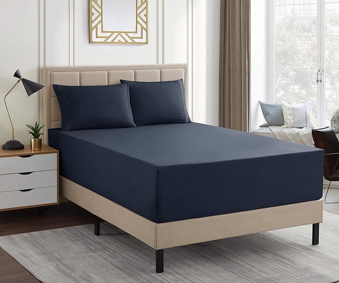 1500 Supreme Collection Extra Deep Pocket Sheets Set - Luxury Soft Bed Sheets, Wrinkle Free, Bedding, Over 40 Colors, 21 inch Extra Deep Pocket, Queen, Navy