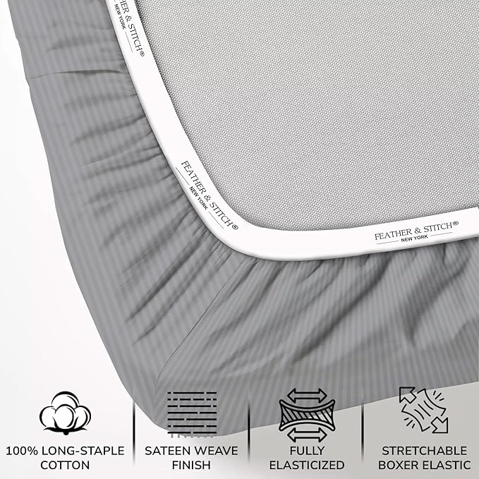 Feather & Stitch 500 TC California King Size Sheet Set, 100% Cotton Soft Breathable Bedsheets, 4 Piece 18" Deep Pockets Sateen Weave Striped Bedding Mattress Resort Hotel Luxury- (Grey Stripe)