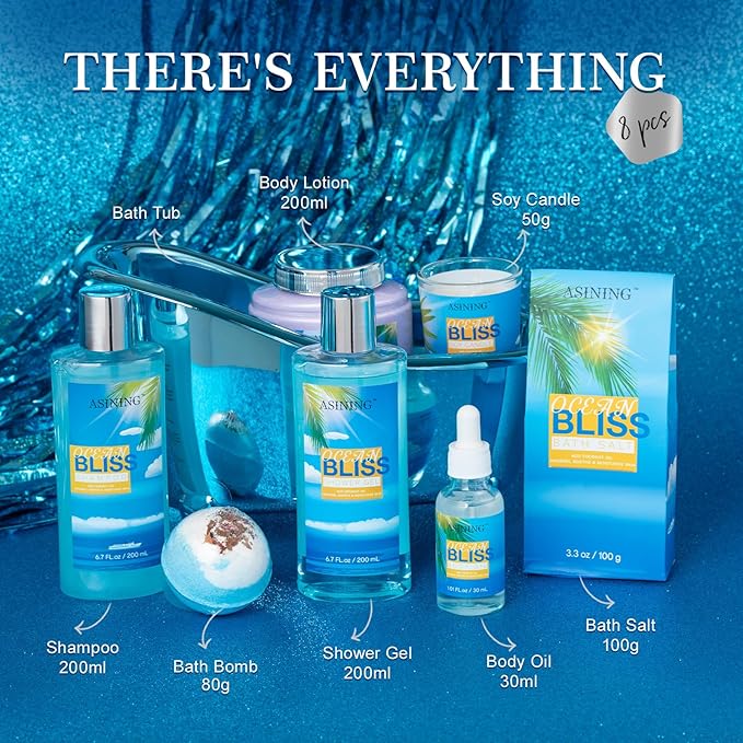 Gift Baskets for Women Spa Gift Baskets for Men Bath and Body Gift Set for Her, Ocean Bliss scents Lotion Spa Gifts for Women Bath Gift for Her or Him Body care gifts Home Spa Kit BathTub