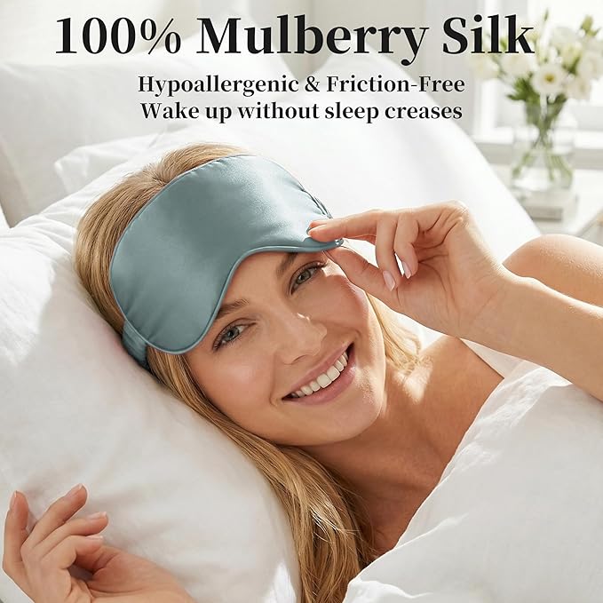 ZLYC 100% Mulberry Silk Sleep Mask Pressure-Free Eye Cover Soft Light Blocking Blindfold for Travel & Nap, Solid Haze Blue