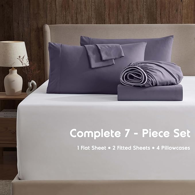 Nestl Extra Deep Split King Sheet Set - 7 Piece Breathable & Cooling Sheets - Hotel Luxury Bedding Set w/18-24 Inch Deep Pockets - Easy & Secure Fit - Super Soft, Wrinkle Free & Comfy - Purple