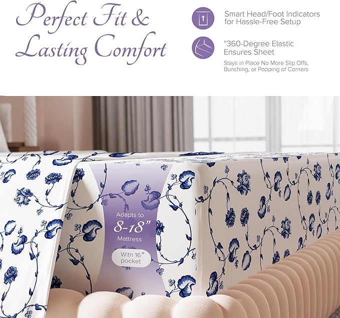 Carressa Linen 100% Egyptian Cotton Queen Sheet Set - 600 Series Hydrangeas Printed Egyptian Cotton Queen Sheets Set (4 PC, Floral Blue), 16" Deep Pocket Sateen Weave Luxury Hotel Bed Sheet